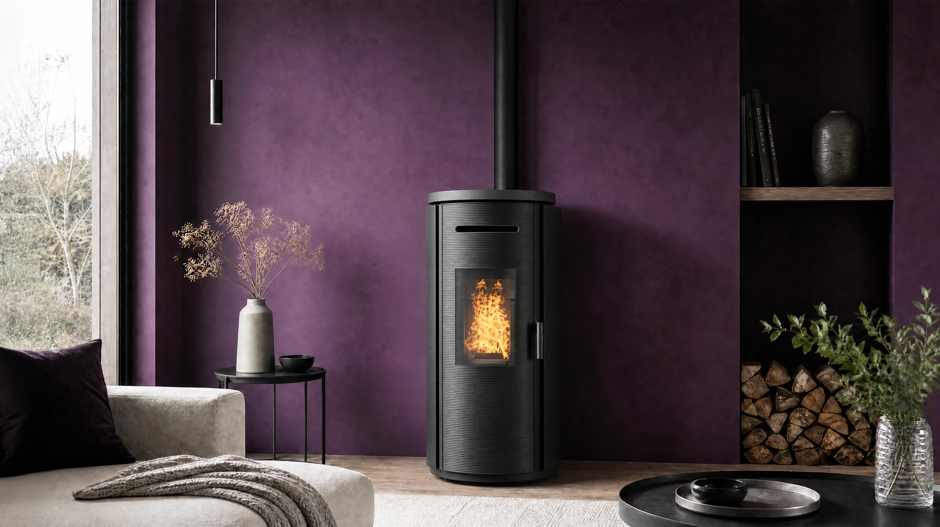 Intérieur chaleureux avec poêle à bois en fonte noire à foyer ouvert, flammes vives visibles derrière vitre arquée
